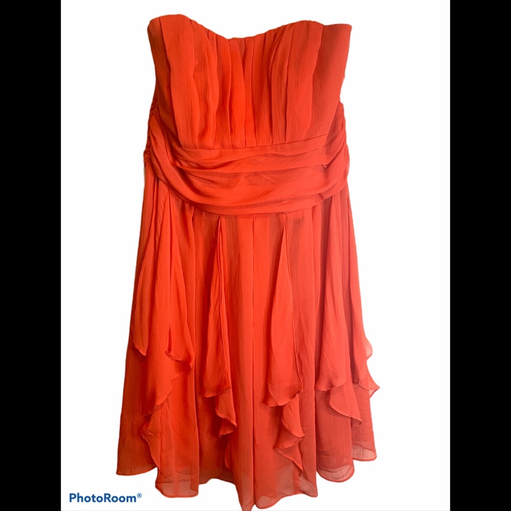 Strapless Short Crinkle Orange Chiffon Dress Sz 18